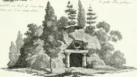 An illustration from Recueil de dessins d'une execution peu dispendieuse : contenans des plans de petites maisons de campagne, petits pavillons de jardins, temples, hermitages, chaumieres, monumens, obélisques, ruines, portails, portes, grilles, bancs de jardins, chaises, volieres, gondoles, ponts, etc. : ouvrage intéressant pour cette classes d'amateurs, qui sans faire de grandes dépenses, sont pourtant bien aises d'embellir leurs jardins d'ornamens nouveaux et pleins de goût (1805)