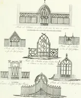 An illustration from Recueil de dessins d'une execution peu dispendieuse : contenans des plans de petites maisons de campagne, petits pavillons de jardins, temples, hermitages, chaumieres, monumens, obélisques, ruines, portails, portes, grilles, bancs de jardins, chaises, volieres, gondoles, ponts, etc. : ouvrage intéressant pour cette classes d'amateurs, qui sans faire de grandes dépenses, sont pourtant bien aises d'embellir leurs jardins d'ornamens nouveaux et pleins de goût (1805)
