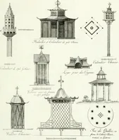 An illustration from Recueil de dessins d'une execution peu dispendieuse : contenans des plans de petites maisons de campagne, petits pavillons de jardins, temples, hermitages, chaumieres, monumens, obélisques, ruines, portails, portes, grilles, bancs de jardins, chaises, volieres, gondoles, ponts, etc. : ouvrage intéressant pour cette classes d'amateurs, qui sans faire de grandes dépenses, sont pourtant bien aises d'embellir leurs jardins d'ornamens nouveaux et pleins de goût (1805)