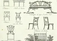 Picture 136 of 140 from Recueil de dessins d'une execution peu dispendieuse : contenans des plans de petites maisons de campagne, petits pavillons de jardins, temples, hermitages, chaumieres, monumens, obélisques, ruines, portails, portes, grilles, bancs de jardins, chaises, volieres, gondoles, ponts, etc. : ouvrage intéressant pour cette classes d'amateurs, qui sans faire de grandes dépenses, sont pourtant bien aises d'embellir leurs jardins d'ornamens nouveaux et pleins de goût (1805), leaf 74