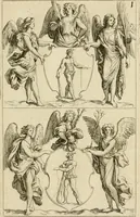 An illustration from Recueil d'emblêmes, devises, medailles, et figures hieroglyphiques : au nombre de plus de douze cent, avec leurs explications, accompagné de plus de deux mille chiffres fleuronnez simples, doubles & triples, d'une maniere nouvelle & fort curieuse pour tous les noms imaginable : avec les tenants, supports, & cimiers servans aux ornemens des armes ... (1696)