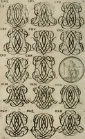 Picture 211 of 278 from Recueil d'emblêmes, devises, medailles, et figures hieroglyphiques, au nombre de plus de douze cent, avec leurs explications : accompagné de plus de deux mille chiffres fleuronnez simples, doubles & triples : d'une manière nouvelle & fort curieuse pour tous les noms imaginables : avec les tenants, supports, & cimiers servans aux ornemens des armes : cet ouvrage qui est enrichy de deux cens cinquante planches en taille-douce, est très-utile aux graveurs, peintres, sculpteurs, orfevres, brodeurs, serruriers, & à tous ceux qui travaillent au dessein (1724), leaf 261