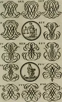 Picture 250 of 278 from Recueil d'emblêmes, devises, medailles, et figures hieroglyphiques, au nombre de plus de douze cent, avec leurs explications : accompagné de plus de deux mille chiffres fleuronnez simples, doubles & triples : d'une manière nouvelle & fort curieuse pour tous les noms imaginables : avec les tenants, supports, & cimiers servans aux ornemens des armes : cet ouvrage qui est enrichy de deux cens cinquante planches en taille-douce, est très-utile aux graveurs, peintres, sculpteurs, orfevres, brodeurs, serruriers, & à tous ceux qui travaillent au dessein (1724), leaf 300