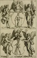 An illustration from Recueil d'emblêmes, devises, medailles, et figures hieroglyphiques, au nombre de plus de douze cent, avec leurs explications : accompagné de plus de deux mille chiffres fleuronnez simples, doubles & triples : d'une manière nouvelle & fort curieuse pour tous les noms imaginables : avec les tenants, supports, & cimiers servans aux ornemens des armes : cet ouvrage qui est enrichy de deux cens cinquante planches en taille-douce, est très-utile aux graveurs, peintres, sculpteurs, orfevres, brodeurs, serruriers, & à tous ceux qui travaillent au dessein (1724)