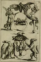 An illustration from Recueil d'emblêmes, devises, medailles, et figures hieroglyphiques, au nombre de plus de douze cent, avec leurs explications : accompagné de plus de deux mille chiffres fleuronnez simples, doubles & triples : d'une manière nouvelle & fort curieuse pour tous les noms imaginables : avec les tenants, supports, & cimiers servans aux ornemens des armes : cet ouvrage qui est enrichy de deux cens cinquante planches en taille-douce, est très-utile aux graveurs, peintres, sculpteurs, orfevres, brodeurs, serruriers, & à tous ceux qui travaillent au dessein (1724)