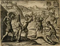 An illustration from Regionvm Indicarum per Hispanos olim devastatarum accuratissima descriptio, insertis Figuris æneis ad vivum fabrefactis (1664)
