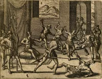 An illustration from Regionvm Indicarum per Hispanos olim devastatarum accuratissima descriptio, insertis Figuris æneis ad vivum fabrefactis (1664)
