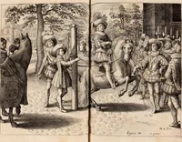 An illustration from Reitkunst Herrn Antonij de Pluvinel, darinnen er die jetzo regirende Kön. Mayst. in Frankreich/Ludouicum XIII. vnderwiesen : lehrend / Wie ein Reutersmann sich zu allen ritterlichen Vbungen bequemen vnd instellen / wie ein Pferd zum Gehorsam zubringen vnd in allerley schönen Schulen / Stücken vnd Maneigen leichtlich vnd volkommenlich abgerichtet werden soll : In Frantzösischer vnd Teutscher Sprach an den Tag gegeben / vnnd mit sechzig schönen Kupfferstücken gezieret (1628)