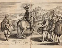 An illustration from Reitkunst Herrn Antonij de Pluvinel, darinnen er die jetzo regirende Kön. Mayst. in Frankreich/Ludouicum XIII. vnderwiesen : lehrend / Wie ein Reutersmann sich zu allen ritterlichen Vbungen bequemen vnd instellen / wie ein Pferd zum Gehorsam zubringen vnd in allerley schönen Schulen / Stücken vnd Maneigen leichtlich vnd volkommenlich abgerichtet werden soll : In Frantzösischer vnd Teutscher Sprach an den Tag gegeben / vnnd mit sechzig schönen Kupfferstücken gezieret (1628)