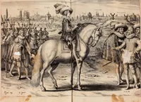 An illustration from Reitkunst Herrn Antonij de Pluvinel, darinnen er die jetzo regirende Kön. Mayst. in Frankreich/Ludouicum XIII. vnderwiesen : lehrend / Wie ein Reutersmann sich zu allen ritterlichen Vbungen bequemen vnd instellen / wie ein Pferd zum Gehorsam zubringen vnd in allerley schönen Schulen / Stücken vnd Maneigen leichtlich vnd volkommenlich abgerichtet werden soll : In Frantzösischer vnd Teutscher Sprach an den Tag gegeben / vnnd mit sechzig schönen Kupfferstücken gezieret (1628)