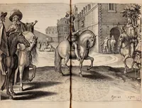 An illustration from Reitkunst Herrn Antonij de Pluvinel, darinnen er die jetzo regirende Kön. Mayst. in Frankreich/Ludouicum XIII. vnderwiesen : lehrend / Wie ein Reutersmann sich zu allen ritterlichen Vbungen bequemen vnd instellen / wie ein Pferd zum Gehorsam zubringen vnd in allerley schönen Schulen / Stücken vnd Maneigen leichtlich vnd volkommenlich abgerichtet werden soll : In Frantzösischer vnd Teutscher Sprach an den Tag gegeben / vnnd mit sechzig schönen Kupfferstücken gezieret (1628)