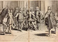 An illustration from Reitkunst Herrn Antonij de Pluvinel, darinnen er die jetzo regirende Kön. Mayst. in Frankreich/Ludouicum XIII. vnderwiesen : lehrend / Wie ein Reutersmann sich zu allen ritterlichen Vbungen bequemen vnd instellen / wie ein Pferd zum Gehorsam zubringen vnd in allerley schönen Schulen / Stücken vnd Maneigen leichtlich vnd volkommenlich abgerichtet werden soll : In Frantzösischer vnd Teutscher Sprach an den Tag gegeben / vnnd mit sechzig schönen Kupfferstücken gezieret (1628)