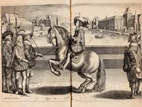 Picture 32 of 71 from Reitkunst Herrn Antonij de Pluvinel, darinnen er die jetzo regirende Kön. Mayst. in Frankreich/Ludouicum XIII. vnderwiesen : lehrend / Wie ein Reutersmann sich zu allen ritterlichen Vbungen bequemen vnd instellen / wie ein Pferd zum Gehorsam zubringen vnd in allerley schönen Schulen / Stücken vnd Maneigen leichtlich vnd volkommenlich abgerichtet werden soll : In Frantzösischer vnd Teutscher Sprach an den Tag gegeben / vnnd mit sechzig schönen Kupfferstücken gezieret (1628), leaf 166