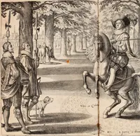 An illustration from Reitkunst Herrn Antonij de Pluvinel, darinnen er die jetzo regirende Kön. Mayst. in Frankreich/Ludouicum XIII. vnderwiesen : lehrend / Wie ein Reutersmann sich zu allen ritterlichen Vbungen bequemen vnd instellen / wie ein Pferd zum Gehorsam zubringen vnd in allerley schönen Schulen / Stücken vnd Maneigen leichtlich vnd volkommenlich abgerichtet werden soll : In Frantzösischer vnd Teutscher Sprach an den Tag gegeben / vnnd mit sechzig schönen Kupfferstücken gezieret (1628)