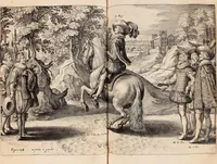 An illustration from Reitkunst Herrn Antonij de Pluvinel, darinnen er die jetzo regirende Kön. Mayst. in Frankreich/Ludouicum XIII. vnderwiesen : lehrend / Wie ein Reutersmann sich zu allen ritterlichen Vbungen bequemen vnd instellen / wie ein Pferd zum Gehorsam zubringen vnd in allerley schönen Schulen / Stücken vnd Maneigen leichtlich vnd volkommenlich abgerichtet werden soll : In Frantzösischer vnd Teutscher Sprach an den Tag gegeben / vnnd mit sechzig schönen Kupfferstücken gezieret (1628)