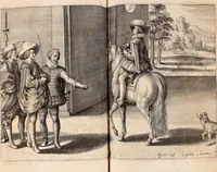 An illustration from Reitkunst Herrn Antonij de Pluvinel, darinnen er die jetzo regirende Kön. Mayst. in Frankreich/Ludouicum XIII. vnderwiesen : lehrend / Wie ein Reutersmann sich zu allen ritterlichen Vbungen bequemen vnd instellen / wie ein Pferd zum Gehorsam zubringen vnd in allerley schönen Schulen / Stücken vnd Maneigen leichtlich vnd volkommenlich abgerichtet werden soll : In Frantzösischer vnd Teutscher Sprach an den Tag gegeben / vnnd mit sechzig schönen Kupfferstücken gezieret (1628)