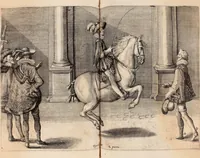 An illustration from Reitkunst Herrn Antonij de Pluvinel, darinnen er die jetzo regirende Kön. Mayst. in Frankreich/Ludouicum XIII. vnderwiesen : lehrend / Wie ein Reutersmann sich zu allen ritterlichen Vbungen bequemen vnd instellen / wie ein Pferd zum Gehorsam zubringen vnd in allerley schönen Schulen / Stücken vnd Maneigen leichtlich vnd volkommenlich abgerichtet werden soll : In Frantzösischer vnd Teutscher Sprach an den Tag gegeben / vnnd mit sechzig schönen Kupfferstücken gezieret (1628)