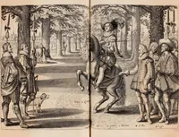 An illustration from Reitkunst Herrn Antonij de Pluvinel, darinnen er die jetzo regirende Kön. Mayst. in Frankreich/Ludouicum XIII. vnderwiesen : lehrend / Wie ein Reutersmann sich zu allen ritterlichen Vbungen bequemen vnd instellen / wie ein Pferd zum Gehorsam zubringen vnd in allerley schönen Schulen / Stücken vnd Maneigen leichtlich vnd volkommenlich abgerichtet werden soll : In Frantzösischer vnd Teutscher Sprach an den Tag gegeben / vnnd mit sechzig schönen Kupfferstücken gezieret (1628)