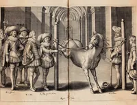 An illustration from Reitkunst Herrn Antonij de Pluvinel, darinnen er die jetzo regirende Kön. Mayst. in Frankreich/Ludouicum XIII. vnderwiesen : lehrend / Wie ein Reutersmann sich zu allen ritterlichen Vbungen bequemen vnd instellen / wie ein Pferd zum Gehorsam zubringen vnd in allerley schönen Schulen / Stücken vnd Maneigen leichtlich vnd volkommenlich abgerichtet werden soll : In Frantzösischer vnd Teutscher Sprach an den Tag gegeben / vnnd mit sechzig schönen Kupfferstücken gezieret (1628)