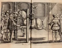 An illustration from Reitkunst Herrn Antonij de Pluvinel, darinnen er die jetzo regirende Kön. Mayst. in Frankreich/Ludouicum XIII. vnderwiesen : lehrend / Wie ein Reutersmann sich zu allen ritterlichen Vbungen bequemen vnd instellen / wie ein Pferd zum Gehorsam zubringen vnd in allerley schönen Schulen / Stücken vnd Maneigen leichtlich vnd volkommenlich abgerichtet werden soll : In Frantzösischer vnd Teutscher Sprach an den Tag gegeben / vnnd mit sechzig schönen Kupfferstücken gezieret (1628)