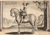 An illustration from Reitkunst Herrn Antonij de Pluvinel, darinnen er die jetzo regirende Kön. Mayst. in Frankreich/Ludouicum XIII. vnderwiesen : lehrend / Wie ein Reutersmann sich zu allen ritterlichen Vbungen bequemen vnd instellen / wie ein Pferd zum Gehorsam zubringen vnd in allerley schönen Schulen / Stücken vnd Maneigen leichtlich vnd volkommenlich abgerichtet werden soll : In Frantzösischer vnd Teutscher Sprach an den Tag gegeben / vnnd mit sechzig schönen Kupfferstücken gezieret (1628)