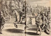 Picture 47 of 71 from Reitkunst Herrn Antonij de Pluvinel, darinnen er die jetzo regirende Kön. Mayst. in Frankreich/Ludouicum XIII. vnderwiesen : lehrend / Wie ein Reutersmann sich zu allen ritterlichen Vbungen bequemen vnd instellen / wie ein Pferd zum Gehorsam zubringen vnd in allerley schönen Schulen / Stücken vnd Maneigen leichtlich vnd volkommenlich abgerichtet werden soll : In Frantzösischer vnd Teutscher Sprach an den Tag gegeben / vnnd mit sechzig schönen Kupfferstücken gezieret (1628), leaf 244