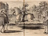 Picture 48 of 71 from Reitkunst Herrn Antonij de Pluvinel, darinnen er die jetzo regirende Kön. Mayst. in Frankreich/Ludouicum XIII. vnderwiesen : lehrend / Wie ein Reutersmann sich zu allen ritterlichen Vbungen bequemen vnd instellen / wie ein Pferd zum Gehorsam zubringen vnd in allerley schönen Schulen / Stücken vnd Maneigen leichtlich vnd volkommenlich abgerichtet werden soll : In Frantzösischer vnd Teutscher Sprach an den Tag gegeben / vnnd mit sechzig schönen Kupfferstücken gezieret (1628), leaf 250