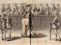 Picture 54 of 71 from Reitkunst Herrn Antonij de Pluvinel, darinnen er die jetzo regirende Kön. Mayst. in Frankreich/Ludouicum XIII. vnderwiesen : lehrend / Wie ein Reutersmann sich zu allen ritterlichen Vbungen bequemen vnd instellen / wie ein Pferd zum Gehorsam zubringen vnd in allerley schönen Schulen / Stücken vnd Maneigen leichtlich vnd volkommenlich abgerichtet werden soll : In Frantzösischer vnd Teutscher Sprach an den Tag gegeben / vnnd mit sechzig schönen Kupfferstücken gezieret (1628), leaf 266