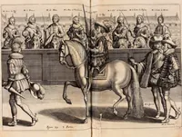 Picture 55 of 71 from Reitkunst Herrn Antonij de Pluvinel, darinnen er die jetzo regirende Kön. Mayst. in Frankreich/Ludouicum XIII. vnderwiesen : lehrend / Wie ein Reutersmann sich zu allen ritterlichen Vbungen bequemen vnd instellen / wie ein Pferd zum Gehorsam zubringen vnd in allerley schönen Schulen / Stücken vnd Maneigen leichtlich vnd volkommenlich abgerichtet werden soll : In Frantzösischer vnd Teutscher Sprach an den Tag gegeben / vnnd mit sechzig schönen Kupfferstücken gezieret (1628), leaf 272