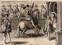 An illustration from Reitkunst Herrn Antonij de Pluvinel, darinnen er die jetzo regirende Kön. Mayst. in Frankreich/Ludouicum XIII. vnderwiesen : lehrend / Wie ein Reutersmann sich zu allen ritterlichen Vbungen bequemen vnd instellen / wie ein Pferd zum Gehorsam zubringen vnd in allerley schönen Schulen / Stücken vnd Maneigen leichtlich vnd volkommenlich abgerichtet werden soll : In Frantzösischer vnd Teutscher Sprach an den Tag gegeben / vnnd mit sechzig schönen Kupfferstücken gezieret (1628)