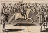 An illustration from Reitkunst Herrn Antonij de Pluvinel, darinnen er die jetzo regirende Kön. Mayst. in Frankreich/Ludouicum XIII. vnderwiesen : lehrend / Wie ein Reutersmann sich zu allen ritterlichen Vbungen bequemen vnd instellen / wie ein Pferd zum Gehorsam zubringen vnd in allerley schönen Schulen / Stücken vnd Maneigen leichtlich vnd volkommenlich abgerichtet werden soll : In Frantzösischer vnd Teutscher Sprach an den Tag gegeben / vnnd mit sechzig schönen Kupfferstücken gezieret (1628)