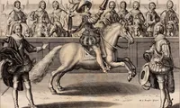 An illustration from Reitkunst Herrn Antonij de Pluvinel, darinnen er die jetzo regirende Kön. Mayst. in Frankreich/Ludouicum XIII. vnderwiesen : lehrend / Wie ein Reutersmann sich zu allen ritterlichen Vbungen bequemen vnd instellen / wie ein Pferd zum Gehorsam zubringen vnd in allerley schönen Schulen / Stücken vnd Maneigen leichtlich vnd volkommenlich abgerichtet werden soll : In Frantzösischer vnd Teutscher Sprach an den Tag gegeben / vnnd mit sechzig schönen Kupfferstücken gezieret (1628)