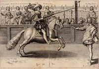 Picture 59 of 71 from Reitkunst Herrn Antonij de Pluvinel, darinnen er die jetzo regirende Kön. Mayst. in Frankreich/Ludouicum XIII. vnderwiesen : lehrend / Wie ein Reutersmann sich zu allen ritterlichen Vbungen bequemen vnd instellen / wie ein Pferd zum Gehorsam zubringen vnd in allerley schönen Schulen / Stücken vnd Maneigen leichtlich vnd volkommenlich abgerichtet werden soll : In Frantzösischer vnd Teutscher Sprach an den Tag gegeben / vnnd mit sechzig schönen Kupfferstücken gezieret (1628), leaf 300