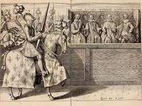 An illustration from Reitkunst Herrn Antonij de Pluvinel, darinnen er die jetzo regirende Kön. Mayst. in Frankreich/Ludouicum XIII. vnderwiesen : lehrend / Wie ein Reutersmann sich zu allen ritterlichen Vbungen bequemen vnd instellen / wie ein Pferd zum Gehorsam zubringen vnd in allerley schönen Schulen / Stücken vnd Maneigen leichtlich vnd volkommenlich abgerichtet werden soll : In Frantzösischer vnd Teutscher Sprach an den Tag gegeben / vnnd mit sechzig schönen Kupfferstücken gezieret (1628)