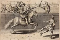 An illustration from Reitkunst Herrn Antonij de Pluvinel, darinnen er die jetzo regirende Kön. Mayst. in Frankreich/Ludouicum XIII. vnderwiesen : lehrend / Wie ein Reutersmann sich zu allen ritterlichen Vbungen bequemen vnd instellen / wie ein Pferd zum Gehorsam zubringen vnd in allerley schönen Schulen / Stücken vnd Maneigen leichtlich vnd volkommenlich abgerichtet werden soll : In Frantzösischer vnd Teutscher Sprach an den Tag gegeben / vnnd mit sechzig schönen Kupfferstücken gezieret (1628)