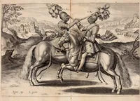 An illustration from Reitkunst Herrn Antonij de Pluvinel, darinnen er die jetzo regirende Kön. Mayst. in Frankreich/Ludouicum XIII. vnderwiesen : lehrend / Wie ein Reutersmann sich zu allen ritterlichen Vbungen bequemen vnd instellen / wie ein Pferd zum Gehorsam zubringen vnd in allerley schönen Schulen / Stücken vnd Maneigen leichtlich vnd volkommenlich abgerichtet werden soll : In Frantzösischer vnd Teutscher Sprach an den Tag gegeben / vnnd mit sechzig schönen Kupfferstücken gezieret (1628)