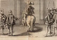 An illustration from Reitkunst Herrn Antonij de Pluvinel, darinnen er die jetzo regirende Kön. Mayst. in Frankreich/Ludouicum XIII. vnderwiesen : lehrend / Wie ein Reutersmann sich zu allen ritterlichen Vbungen bequemen vnd instellen / wie ein Pferd zum Gehorsam zubringen vnd in allerley schönen Schulen / Stücken vnd Maneigen leichtlich vnd volkommenlich abgerichtet werden soll : In Frantzösischer vnd Teutscher Sprach an den Tag gegeben / vnnd mit sechzig schönen Kupfferstücken gezieret (1628)