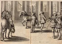 Picture 14 of 71 from Reitkunst Herrn Antonij de Pluvinel, darinnen er die jetzo regirende Kön. Mayst. in Frankreich/Ludouicum XIII. vnderwiesen : lehrend / Wie ein Reutersmann sich zu allen ritterlichen Vbungen bequemen vnd instellen / wie ein Pferd zum Gehorsam zubringen vnd in allerley schönen Schulen / Stücken vnd Maneigen leichtlich vnd volkommenlich abgerichtet werden soll : In Frantzösischer vnd Teutscher Sprach an den Tag gegeben / vnnd mit sechzig schönen Kupfferstücken gezieret (1628), leaf 40