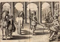 An illustration from Reitkunst Herrn Antonij de Pluvinel, darinnen er die jetzo regirende Kön. Mayst. in Frankreich/Ludouicum XIII. vnderwiesen : lehrend / Wie ein Reutersmann sich zu allen ritterlichen Vbungen bequemen vnd instellen / wie ein Pferd zum Gehorsam zubringen vnd in allerley schönen Schulen / Stücken vnd Maneigen leichtlich vnd volkommenlich abgerichtet werden soll : In Frantzösischer vnd Teutscher Sprach an den Tag gegeben / vnnd mit sechzig schönen Kupfferstücken gezieret (1628)