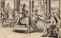 An illustration from Reitkunst Herrn Antonij de Pluvinel, darinnen er die jetzo regirende Kön. Mayst. in Frankreich/Ludouicum XIII. vnderwiesen : lehrend / Wie ein Reutersmann sich zu allen ritterlichen Vbungen bequemen vnd instellen / wie ein Pferd zum Gehorsam zubringen vnd in allerley schönen Schulen / Stücken vnd Maneigen leichtlich vnd volkommenlich abgerichtet werden soll : In Frantzösischer vnd Teutscher Sprach an den Tag gegeben / vnnd mit sechzig schönen Kupfferstücken gezieret (1628)