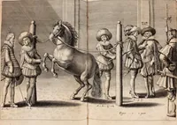 Picture 18 of 71 from Reitkunst Herrn Antonij de Pluvinel, darinnen er die jetzo regirende Kön. Mayst. in Frankreich/Ludouicum XIII. vnderwiesen : lehrend / Wie ein Reutersmann sich zu allen ritterlichen Vbungen bequemen vnd instellen / wie ein Pferd zum Gehorsam zubringen vnd in allerley schönen Schulen / Stücken vnd Maneigen leichtlich vnd volkommenlich abgerichtet werden soll : In Frantzösischer vnd Teutscher Sprach an den Tag gegeben / vnnd mit sechzig schönen Kupfferstücken gezieret (1628), leaf 76