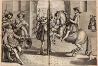 Picture 20 of 71 from Reitkunst Herrn Antonij de Pluvinel, darinnen er die jetzo regirende Kön. Mayst. in Frankreich/Ludouicum XIII. vnderwiesen : lehrend / Wie ein Reutersmann sich zu allen ritterlichen Vbungen bequemen vnd instellen / wie ein Pferd zum Gehorsam zubringen vnd in allerley schönen Schulen / Stücken vnd Maneigen leichtlich vnd volkommenlich abgerichtet werden soll : In Frantzösischer vnd Teutscher Sprach an den Tag gegeben / vnnd mit sechzig schönen Kupfferstücken gezieret (1628), leaf 92