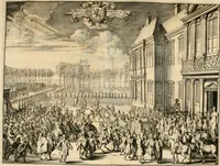 An illustration from Relation du voyage de Sa Majesté britannique en Hollande, et de la reception qui luy a été faite : enrichie de planches très-curieuses : avec un récit abregé de ce qui s'est passé de plus considerable depuis l'arrivée de Sa Majesté en Hollande le 31. de Janvier, jusqu'à son retour en Angleterre, au mois d'Avril 1691, & l'heureax succés de l'expedition d'Irlande, subjuguée par les arnes toûjours victorieuses de Sa Majesté (1692)