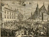 An illustration from Relation du voyage de Sa Majesté britannique en Hollande, et de la reception qui luy a été faite : enrichie de planches très-curieuses : avec un récit abregé de ce qui s'est passé de plus considerable depuis l'arrivée de Sa Majesté en Hollande le 31. de Janvier, jusqu'à son retour en Angleterre, au mois d'Avril 1691, & l'heureax succés de l'expedition d'Irlande, subjuguée par les arnes toûjours victorieuses de Sa Majesté (1692)