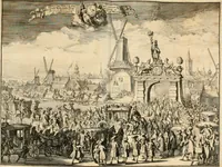 An illustration from Relation du voyage de Sa Majesté britannique en Hollande, et de la reception qui luy a été faite : enrichie de planches très-curieuses : avec un récit abregé de ce qui s'est passé de plus considerable depuis l'arrivée de Sa Majesté en Hollande le 31. de Janvier, jusqu'à son retour en Angleterre, au mois d'Avril 1691, & l'heureax succés de l'expedition d'Irlande, subjuguée par les arnes toûjours victorieuses de Sa Majesté (1692)