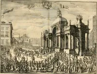 An illustration from Relation du voyage de Sa Majesté britannique en Hollande, et de la reception qui luy a été faite : enrichie de planches très-curieuses : avec un récit abregé de ce qui s'est passé de plus considerable depuis l'arrivée de Sa Majesté en Hollande le 31. de Janvier, jusqu'à son retour en Angleterre, au mois d'Avril 1691, & l'heureax succés de l'expedition d'Irlande, subjuguée par les arnes toûjours victorieuses de Sa Majesté (1692)