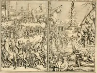 An illustration from Relation du voyage de Sa Majesté britannique en Hollande, et de la reception qui luy a été faite : enrichie de planches très-curieuses : avec un récit abregé de ce qui s'est passé de plus considerable depuis l'arrivée de Sa Majesté en Hollande le 31. de Janvier, jusqu'à son retour en Angleterre, au mois d'Avril 1691, & l'heureax succés de l'expedition d'Irlande, subjuguée par les arnes toûjours victorieuses de Sa Majesté (1692)