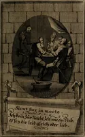 An illustration from Rev. P. Abraham a S. Clara ... Besonders meubliert- und gezierte Todten-Capelle, oder, Allgemeiner Todten-Spiegel : darinnen alle Menschen, wes Standes sie sind ... (1711)