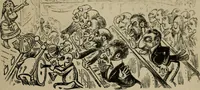 An illustration from Richard Wagner en caricatures : 130 reproductions de caricatures françaises, allemandes, anglaises, italiennes, portraits : autographes (lettre et musique) dessins originaux de J. Blass, Moloch et Tiret-Bognet (1892)