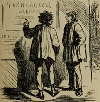 An illustration from Richard Wagner en caricatures : 130 reproductions de caricatures françaises, allemandes, anglaises, italiennes, portraits : autographes (lettre et musique) dessins originaux de J. Blass, Moloch et Tiret-Bognet (1892)
